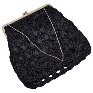 Dolce & Gabbana Grey/Black  Crochet Knit Silver Frame Satin Evening Bag‎